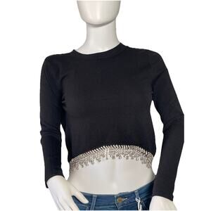 Forever 21 Long Sleeve Ribbed Crystal Fringe Open Back Crop Top Black Small